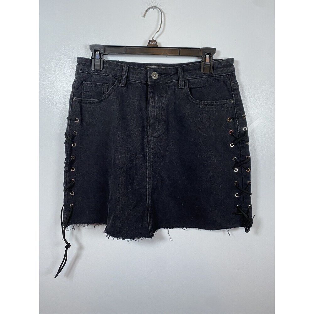 L&B Black Denim Side Lace Skirt Size Large Concert Goth‎ Alternative